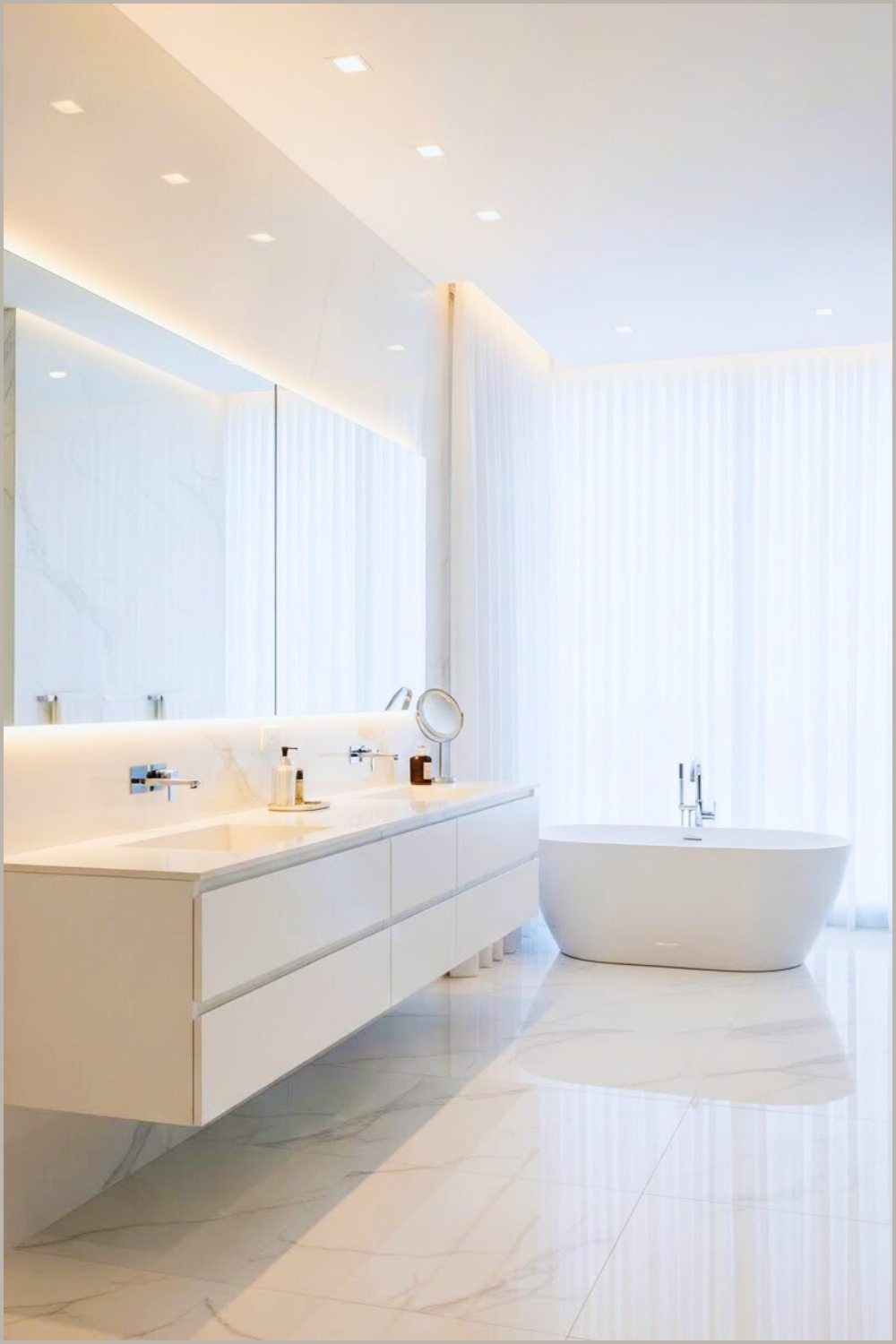 Luxury Modern White Bathroom, High-gloss Marble Floors
