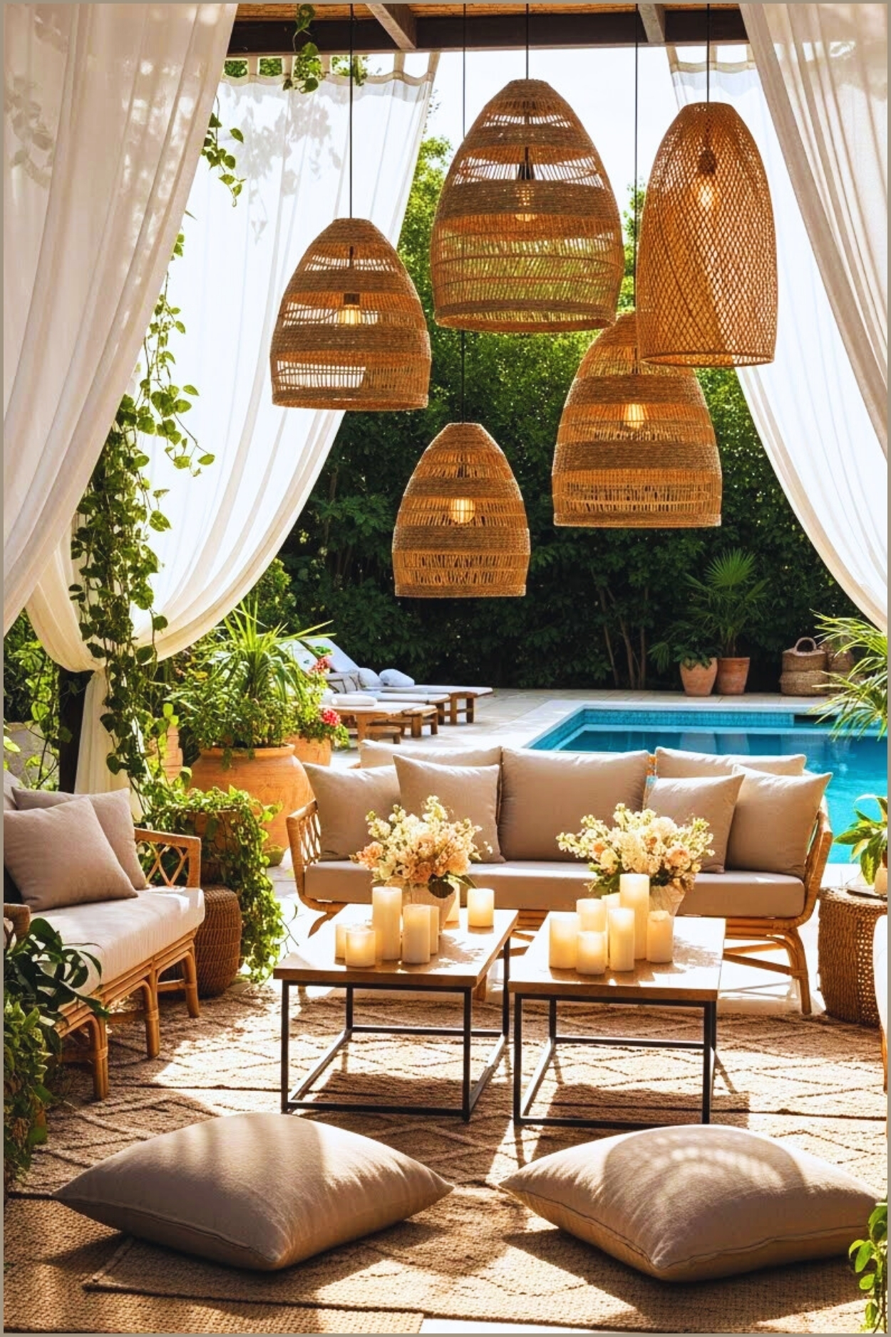 Luxury Outdoor Boho Patio With Flowing Sheer Draped Curtains
