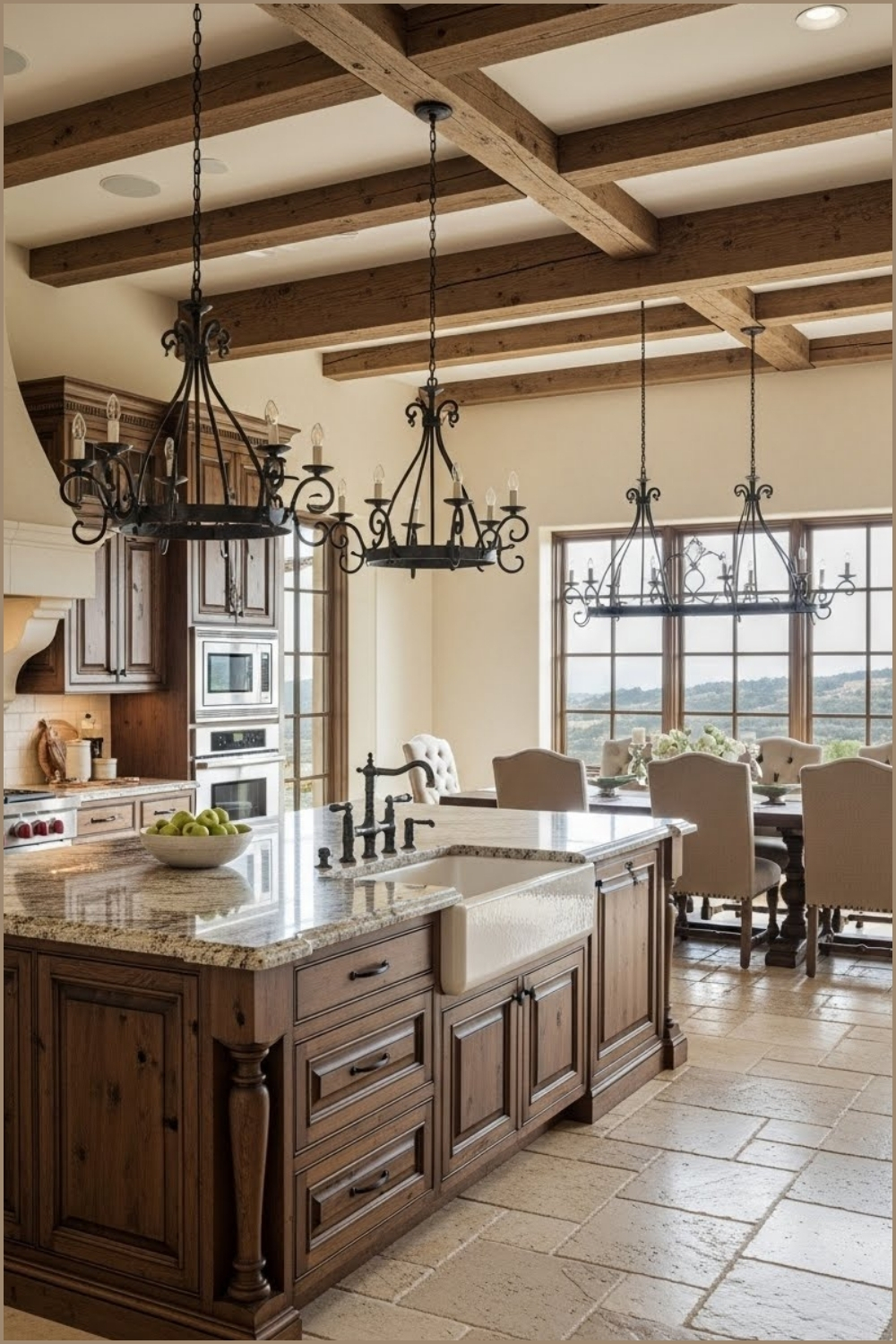 Luxury Rustic Kitchen With High Ceilings And Exposed Wooden