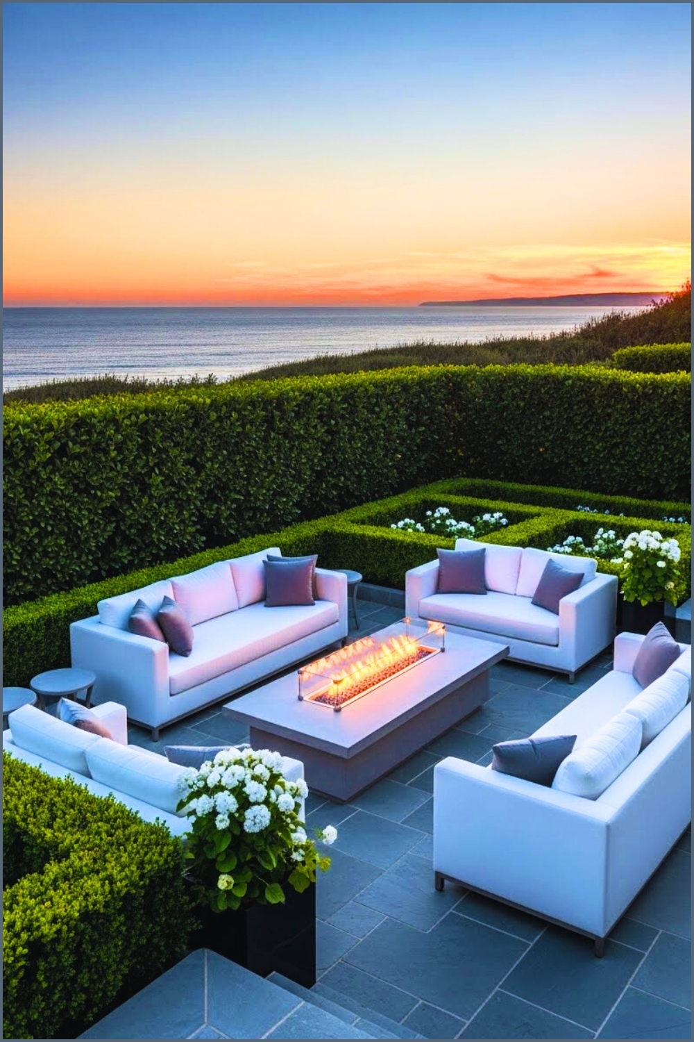 Luxury Seaside Patio With Rectangular Firepit Modern White Outdoor