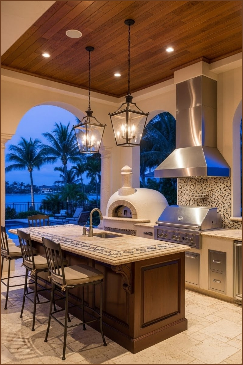 Luxury Tropical Outdoor Kitchen With Built In Stone Pizza Oven