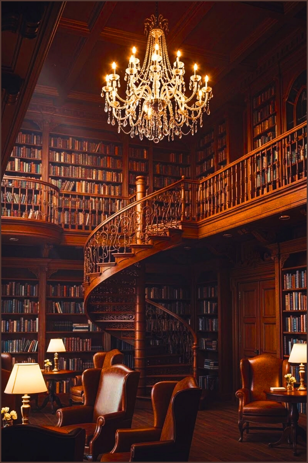 Luxury Two-story Classical Library Floor-to-ceiling Wood Bookshelves