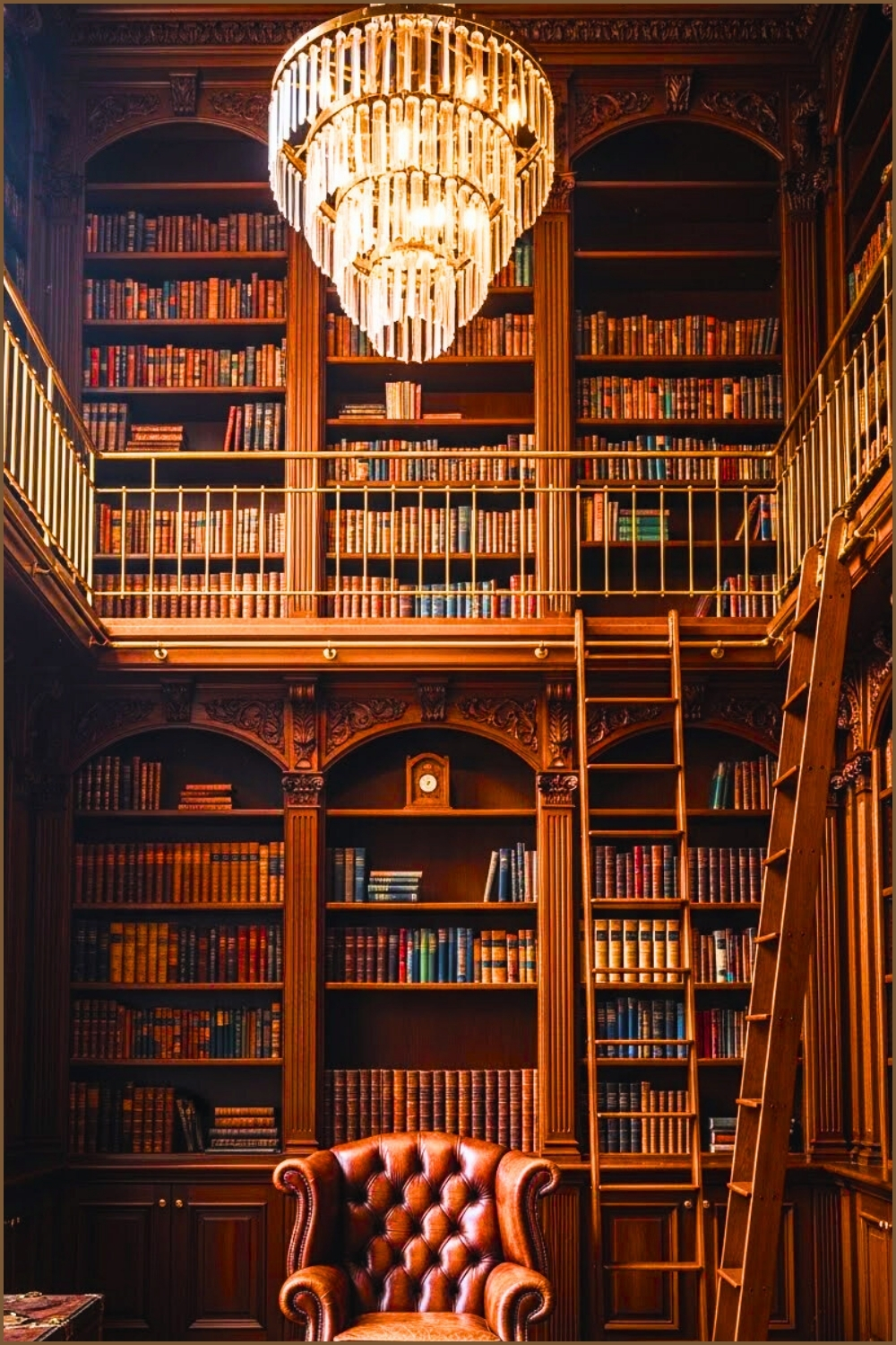 Luxury Vintage Home Library, Towering Wooden Bookshelves