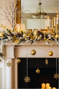 Luxury Winter Mantel Decorated With Gold Butterflies Pinecones