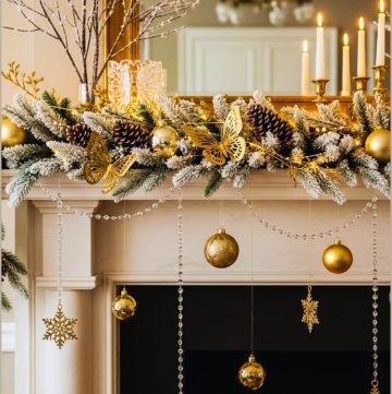 Luxury Winter Mantel Decorated With Gold Butterflies Pinecones