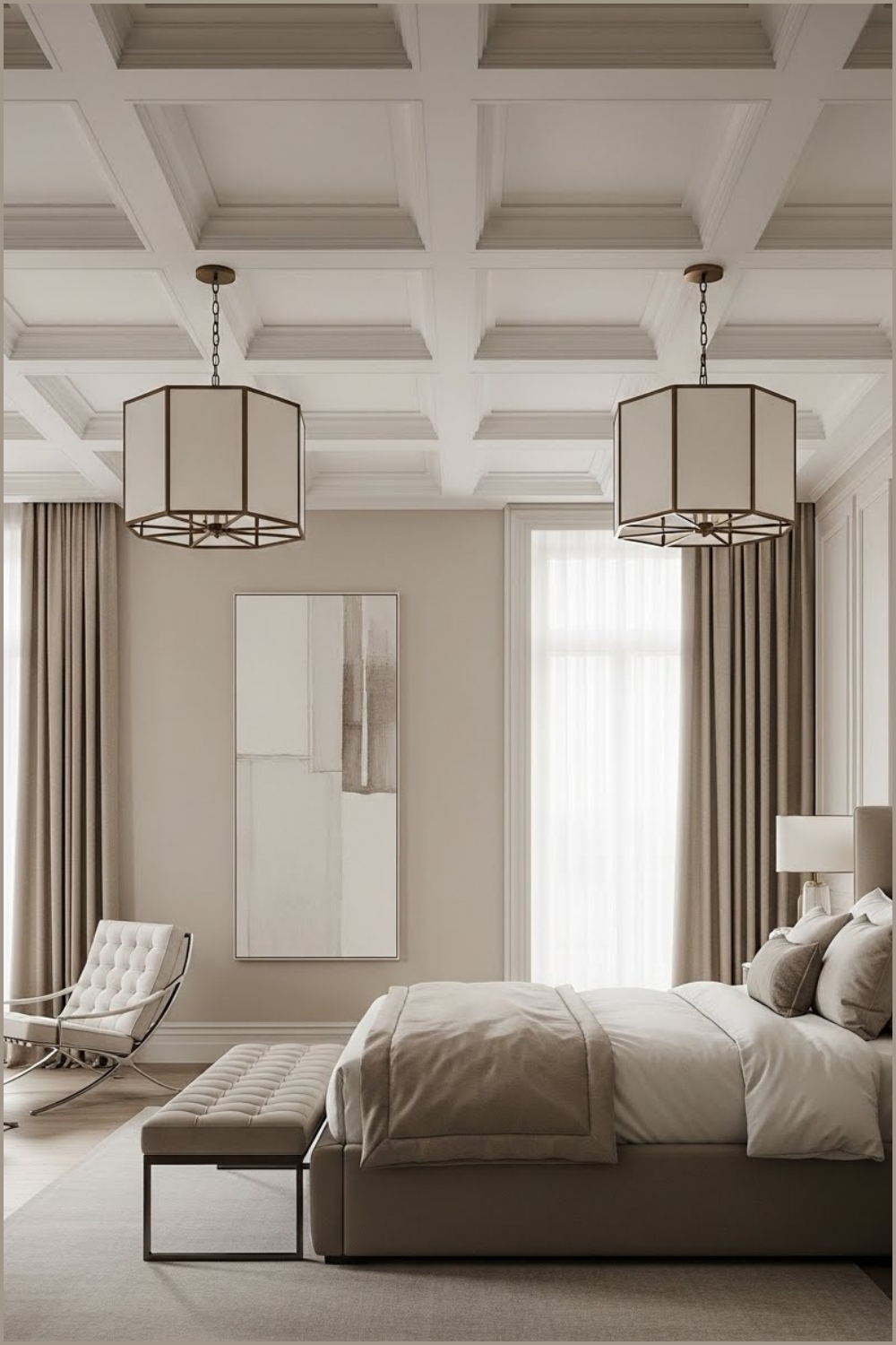 Luxury high-ceiling bedroom with a dramatic coffered ceiling