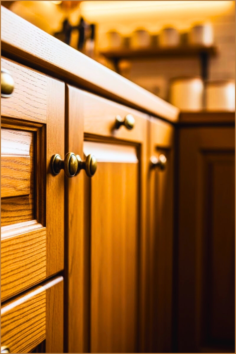 Macro Close-up Shot Of Warm Wooden Kitchen Cabinets