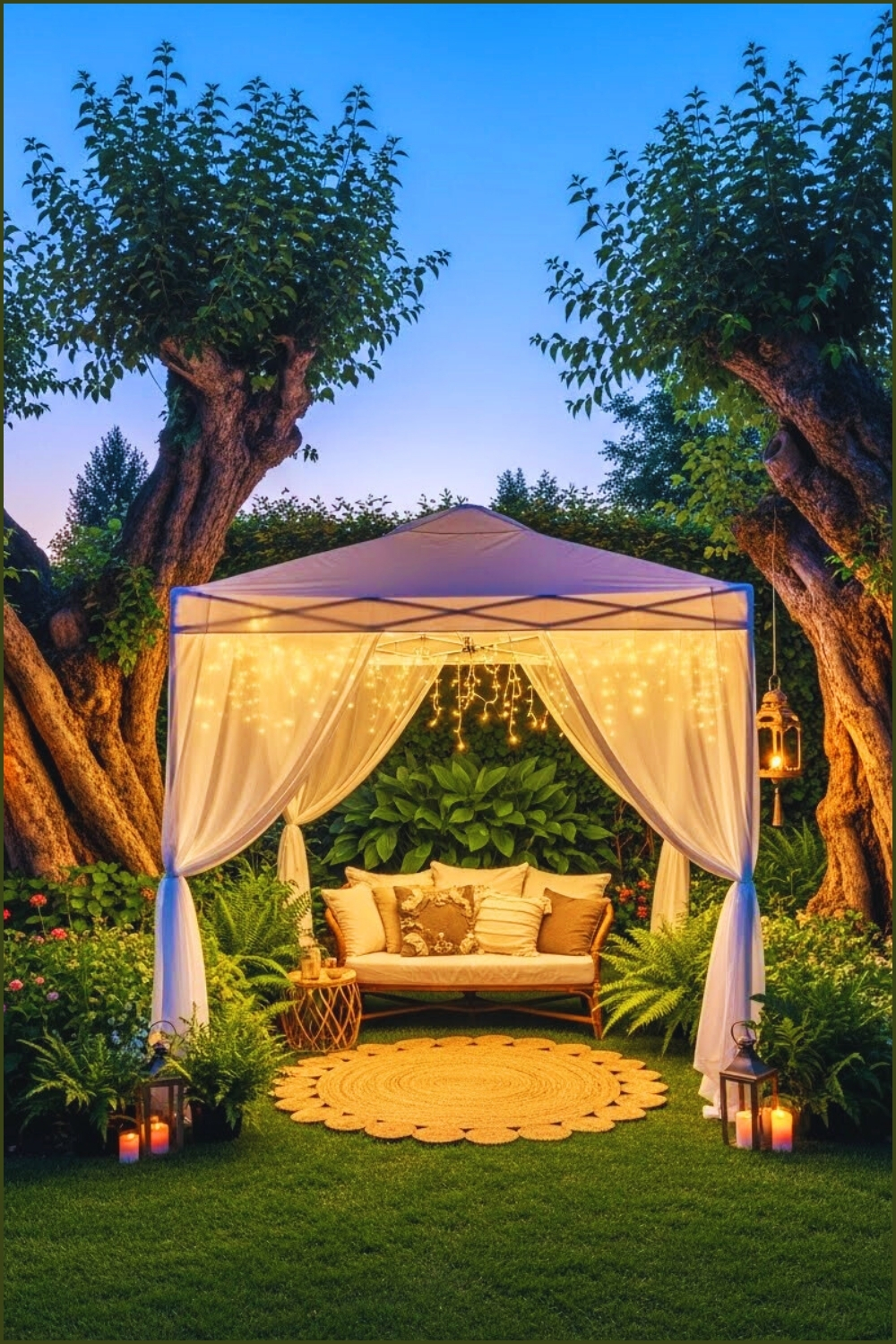 Magical Outdoor Lounge With White Canopy Tent Between Trees
