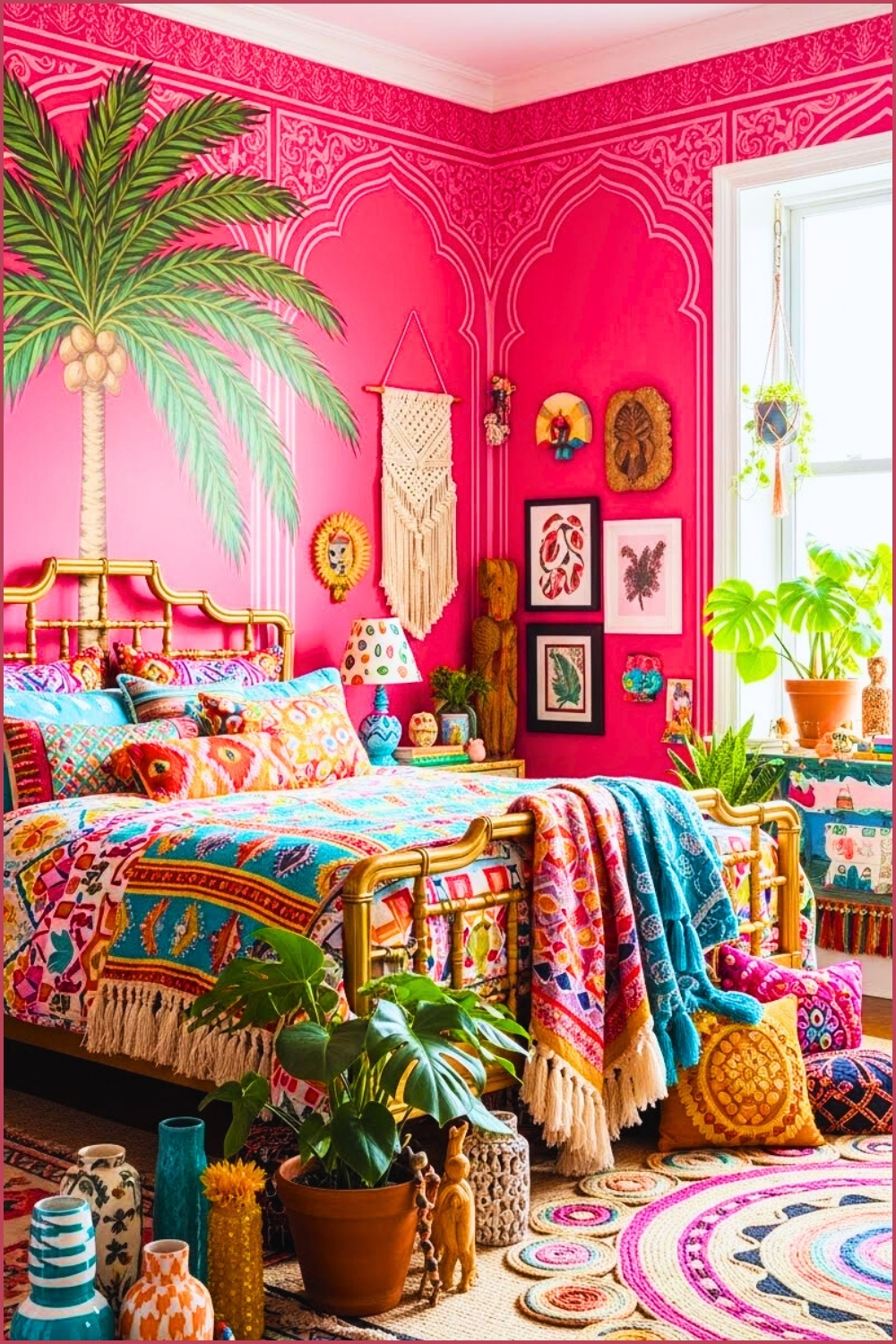 Maximalist Boho Bedroom, Vibrant Hot Pink Walls With Ornate