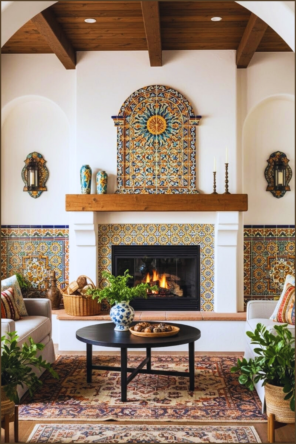 Mediterranean Living Room With A Vibrant Spanish Tiled Fireplace
