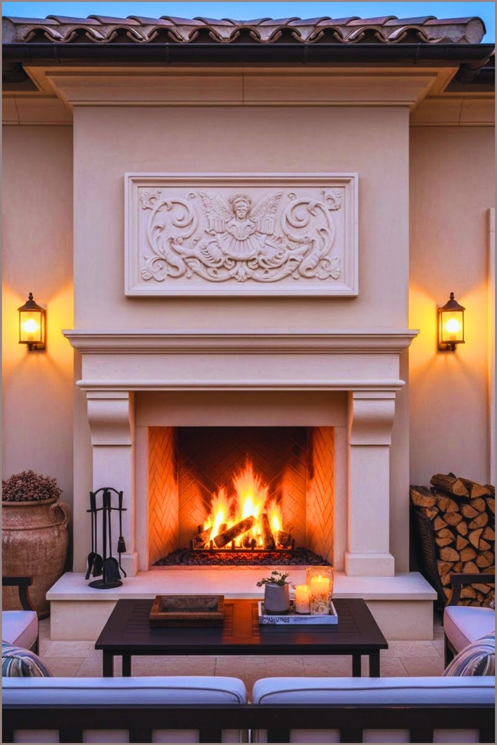 Mediterranean Outdoor Fireplace Lounge With Carved Stone