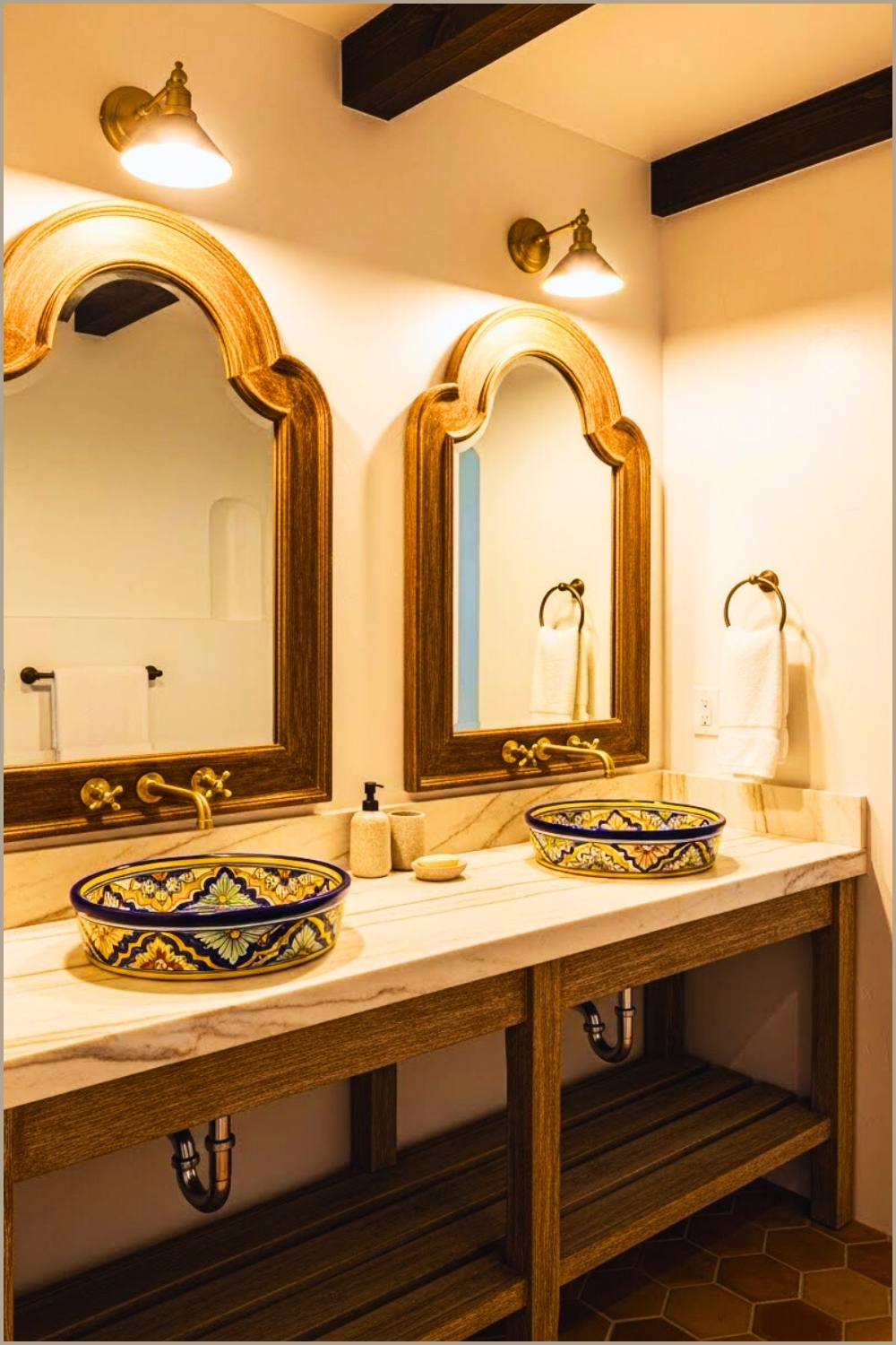 Mediterranean Rustic Double Vanity, Two Arched Mirrors
