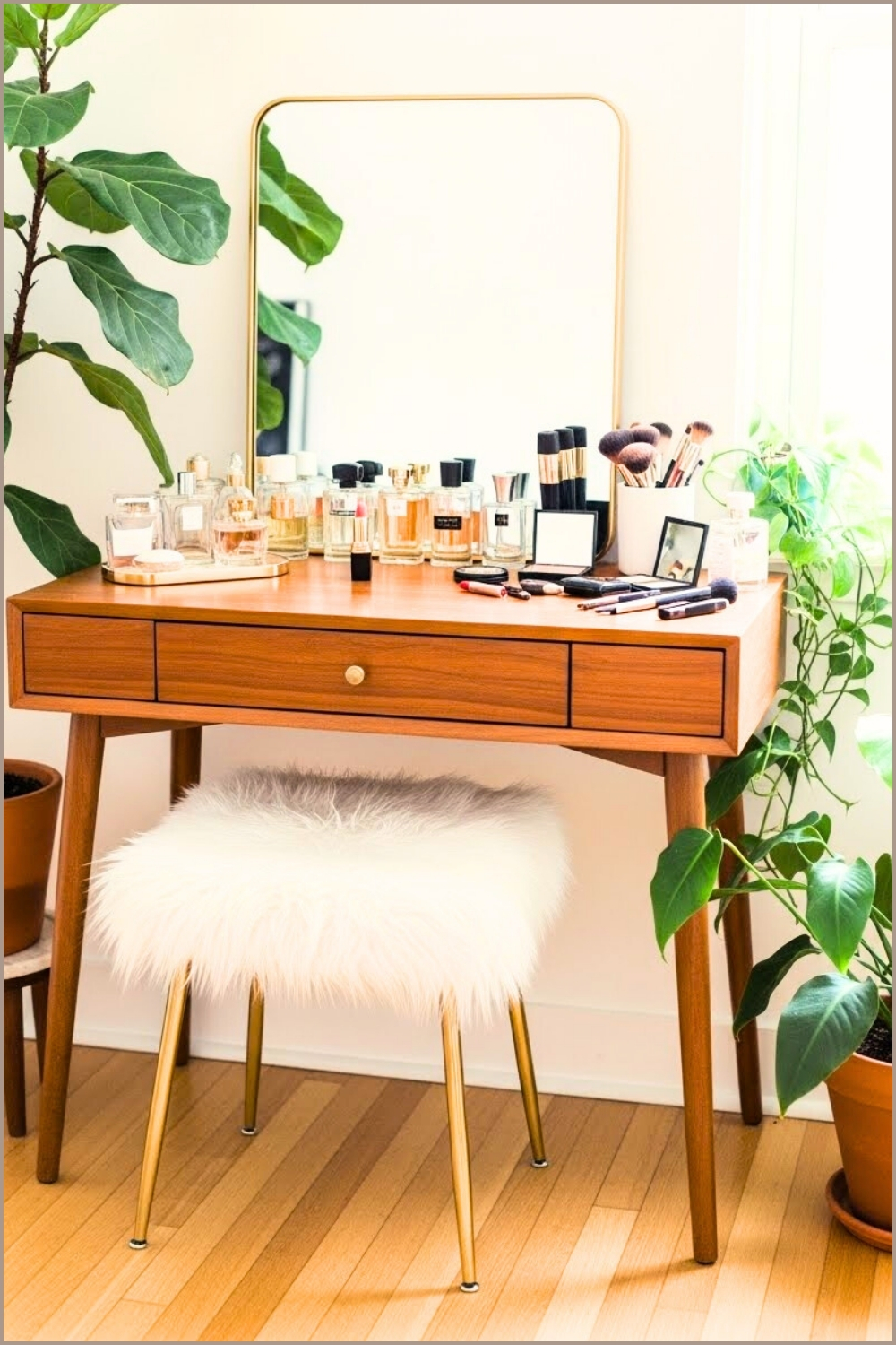 Mid-century Modern Vanity Table In Warm Wood Tone