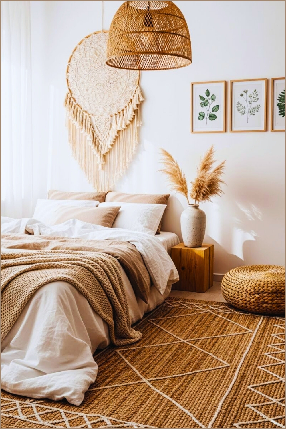 Minimal Boho Bedroom Interior With Beige And White Bedding