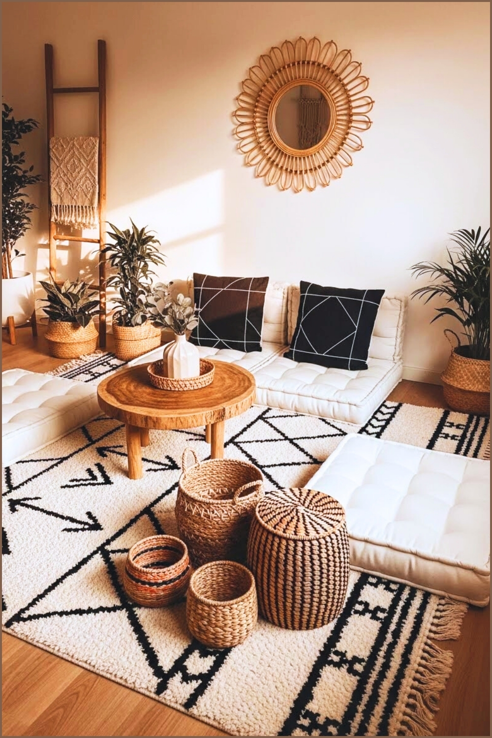 Minimal Boho Floor Seating Room Large Cream Rug With Black
