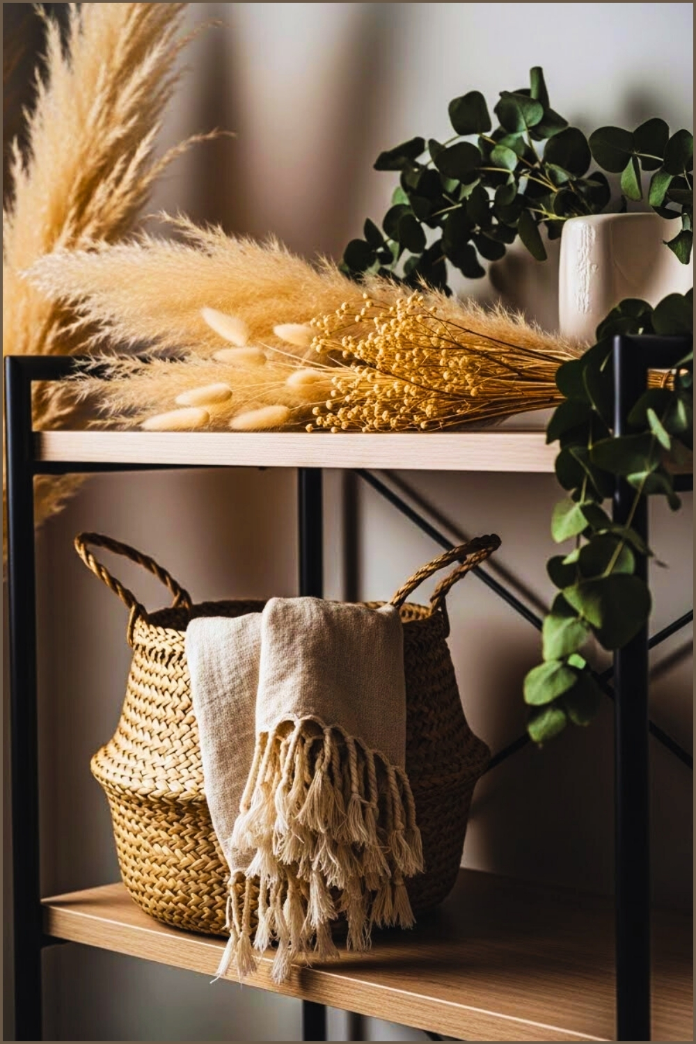 Minimal Boho Storage Shelf Woven Basket With Linen Throw