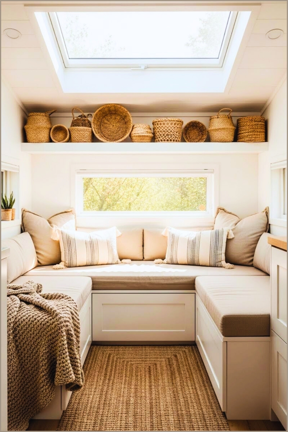 Minimal Boho Tiny Home Interior, Skylight Window Above