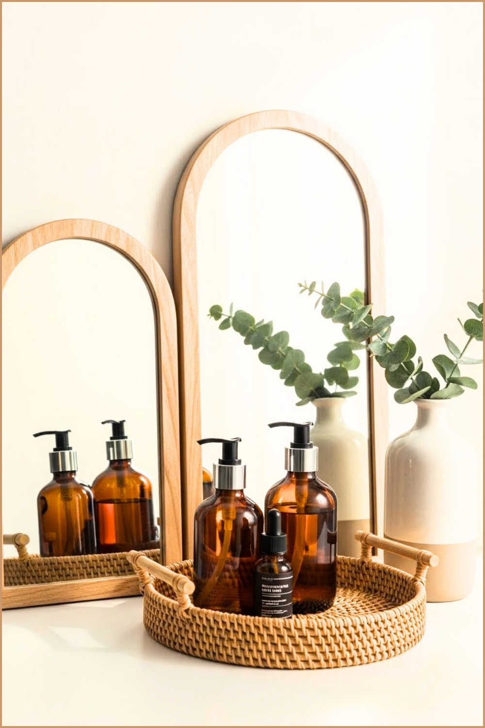 Minimal Boho Vanity Scene, Two Arched Wood Frame Mirrors