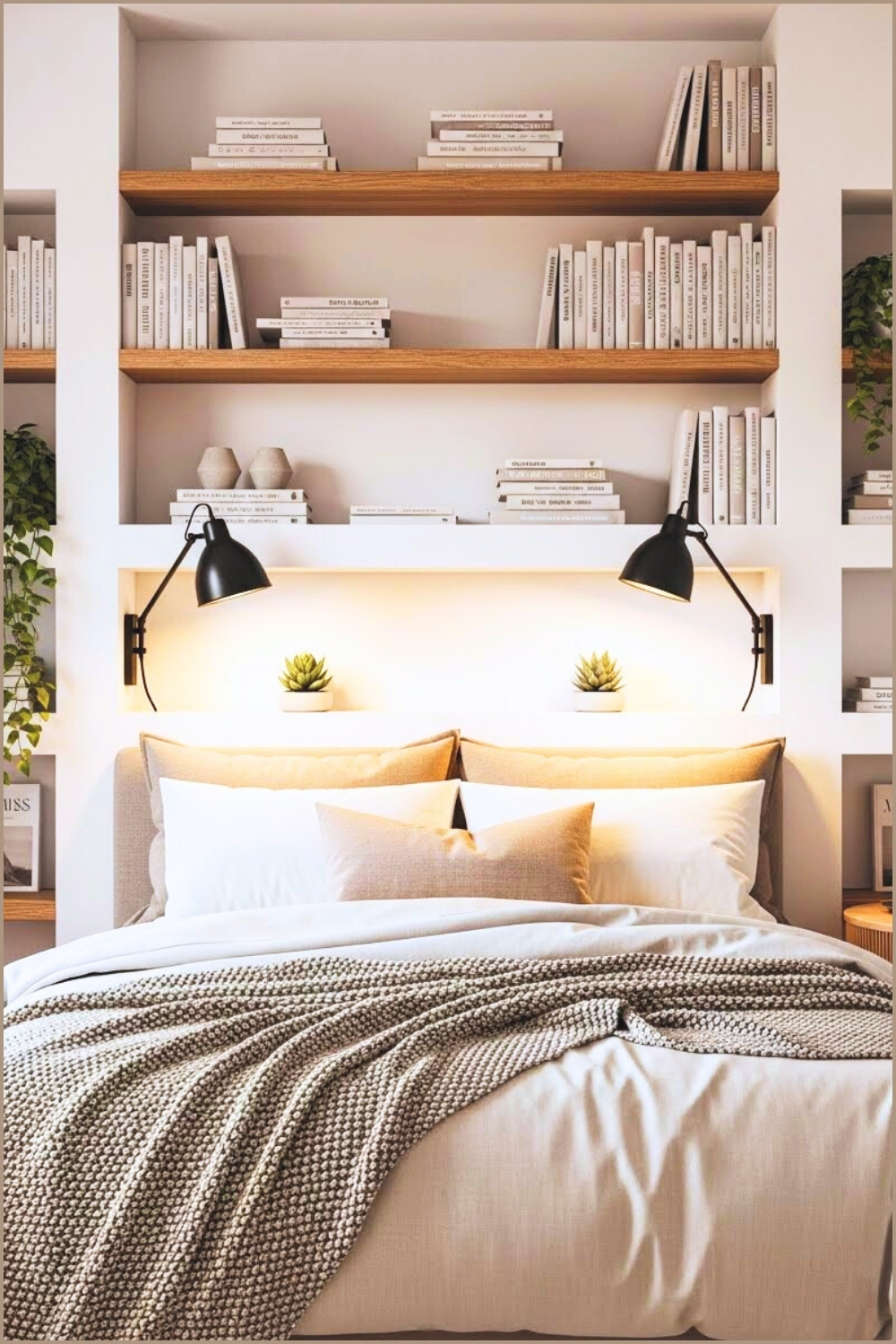 Minimal Cozy Bedroom Built-in Wooden Shelves Above Bed
