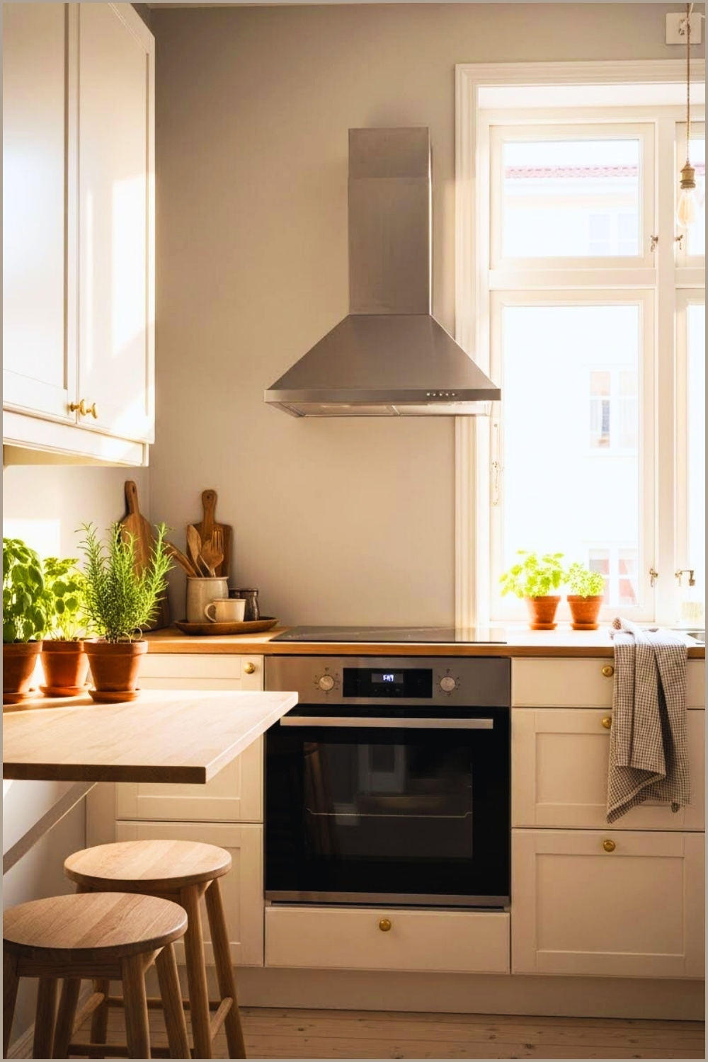 Minimal Cozy Kitchen With Cream Cabinets Foldable Wooden