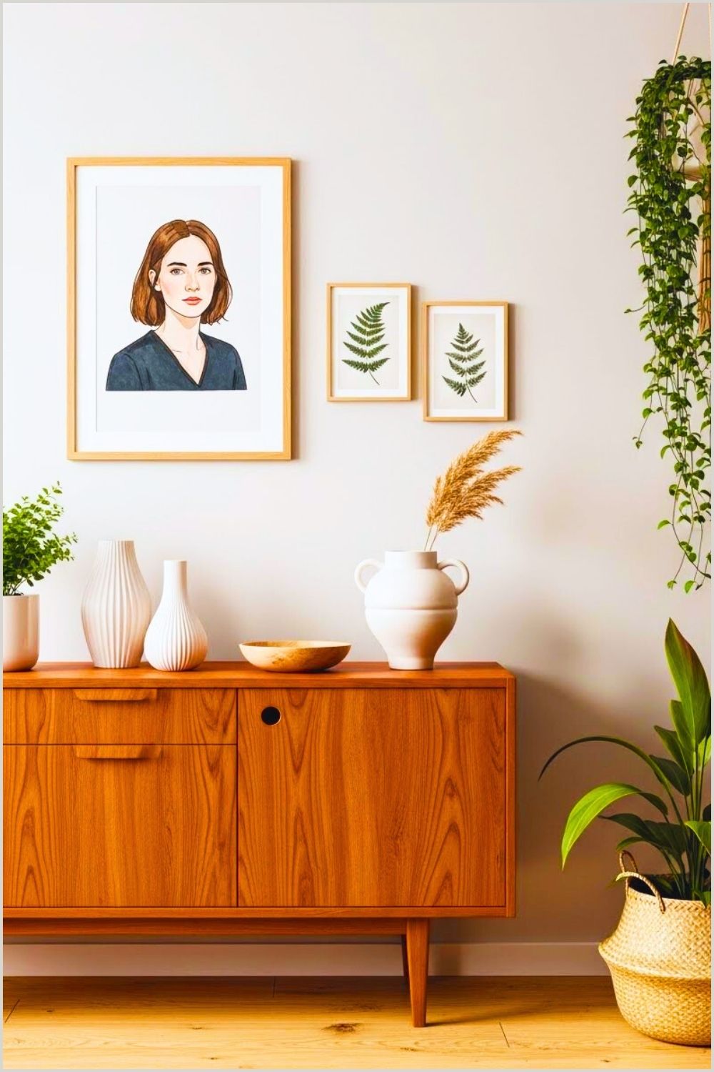 Minimal Cozy Living Room Corner With A Warm Wooden Sideboard