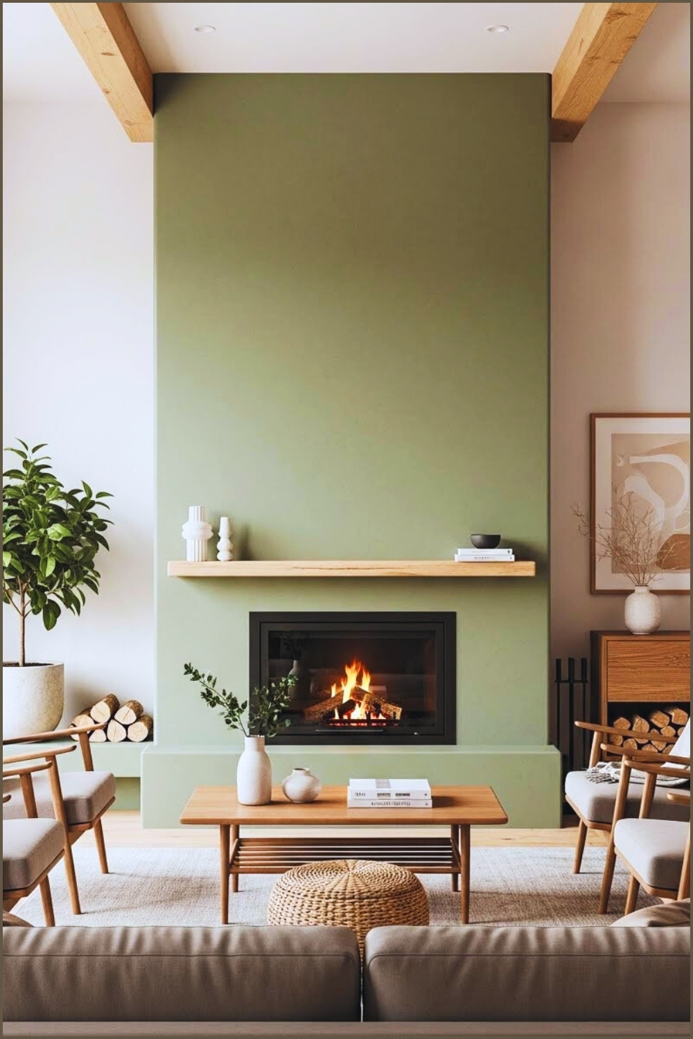 Minimal Modern Living Room With A Tall Sage Green Plaster