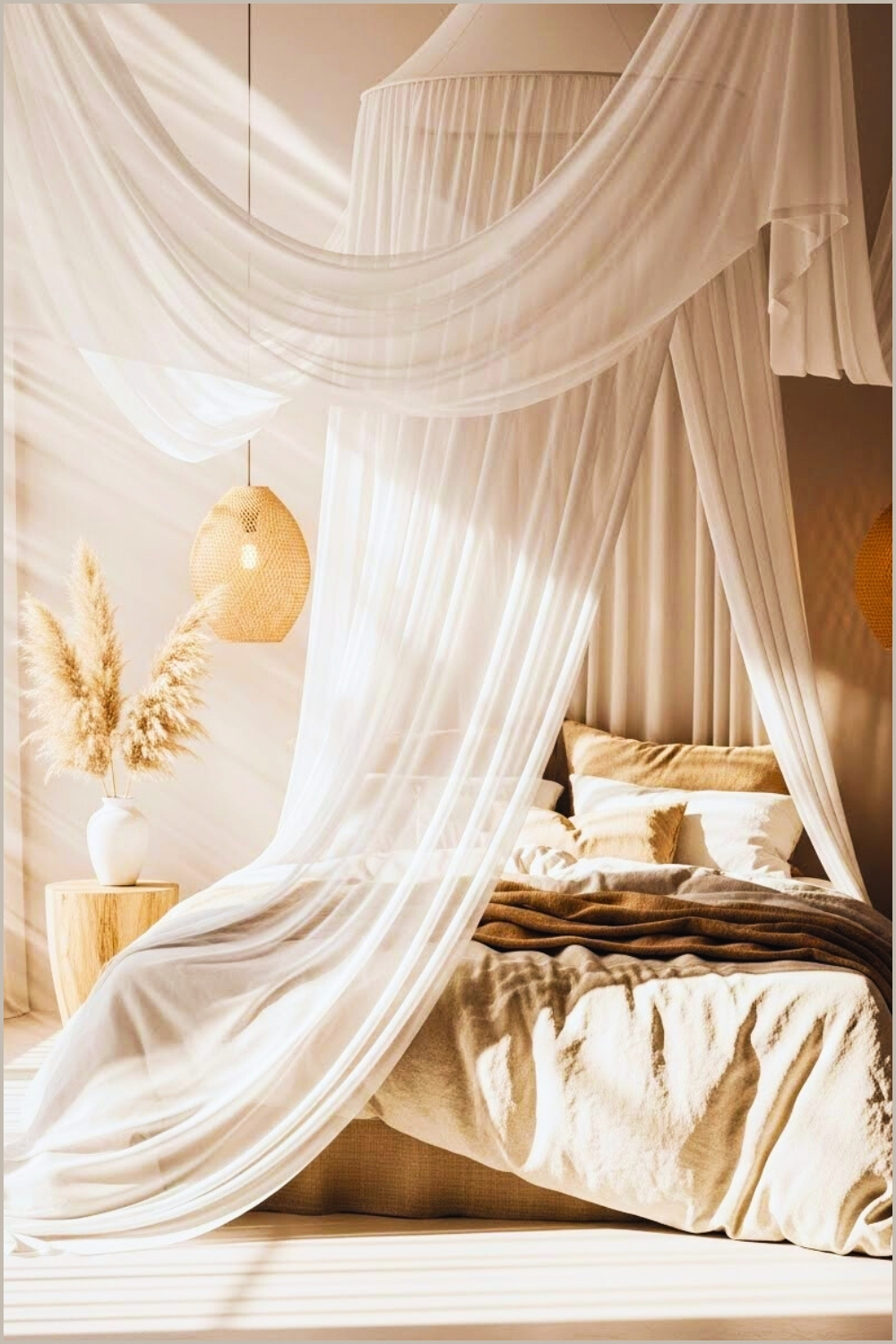 Minimal Neutral Bedroom, Flowing Sheer Canopy Fabric