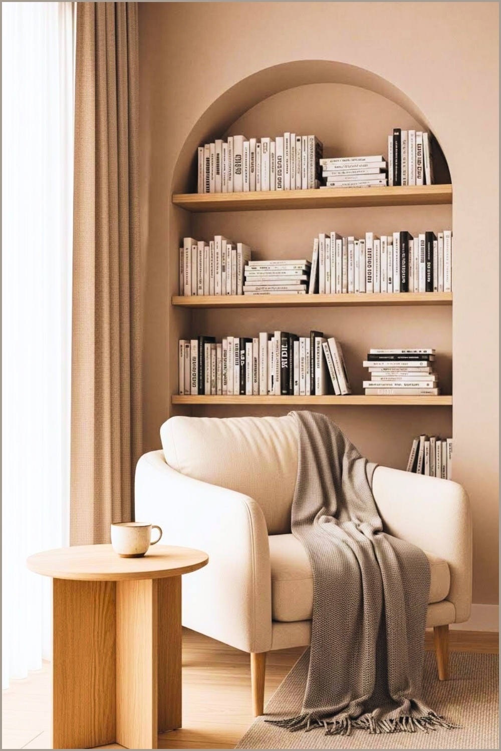 Minimal Reading Corner, Cream Armchair With Soft Throw Blanket