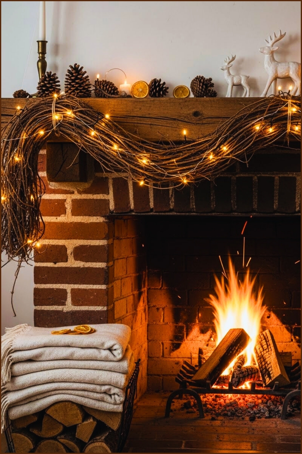 Minimal Rustic Holiday Mantel With Grapevine Garland Wrapped