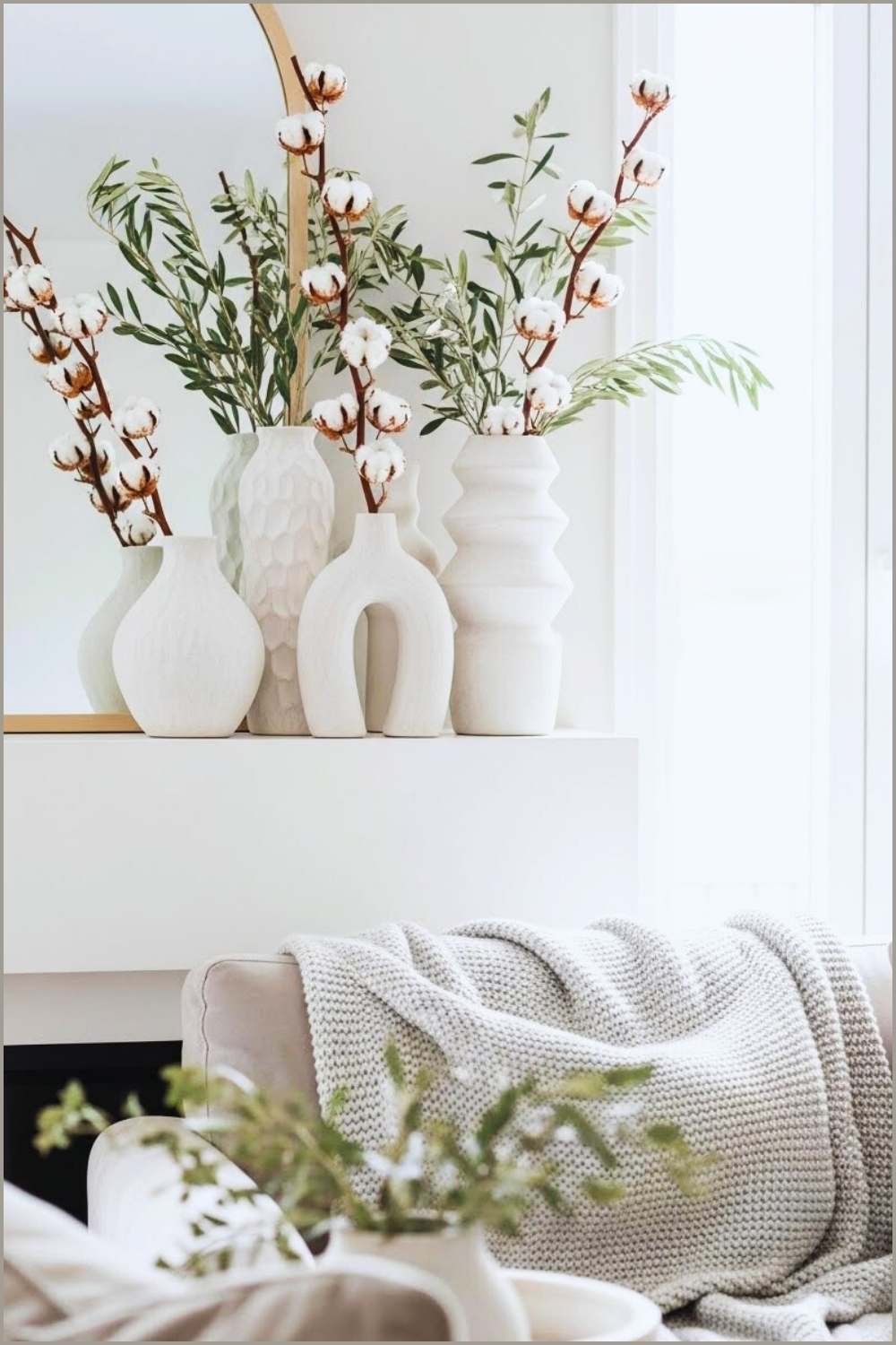 Minimal Winter Mantel Styling With Textured White Ceramic Vases