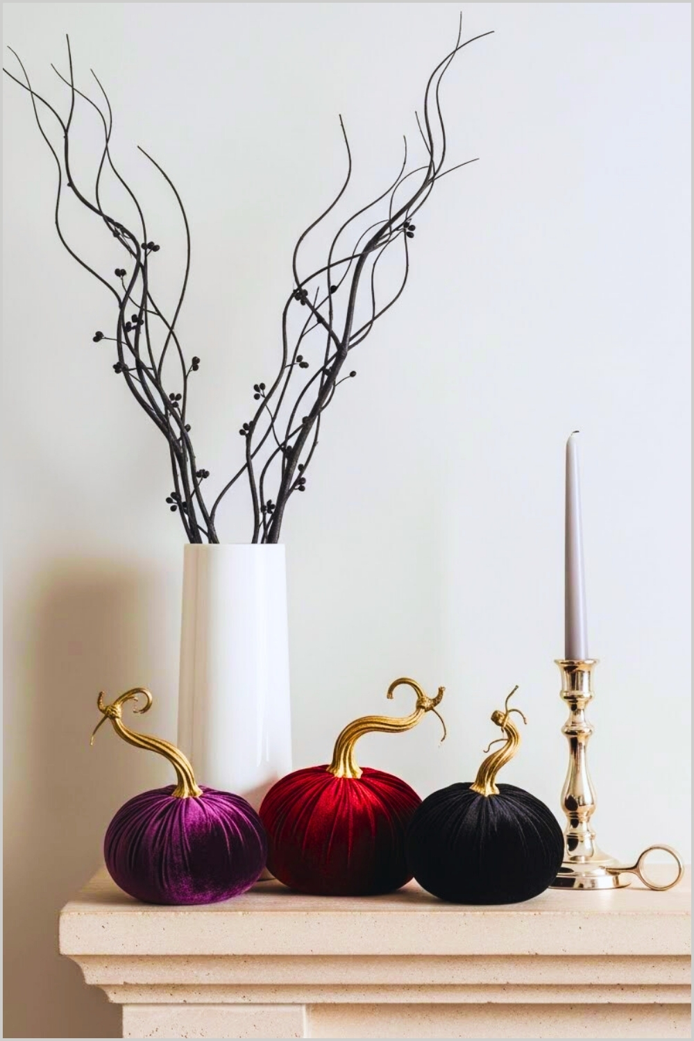 Minimalist Autumn Mantel Decor Featuring Three Velvet