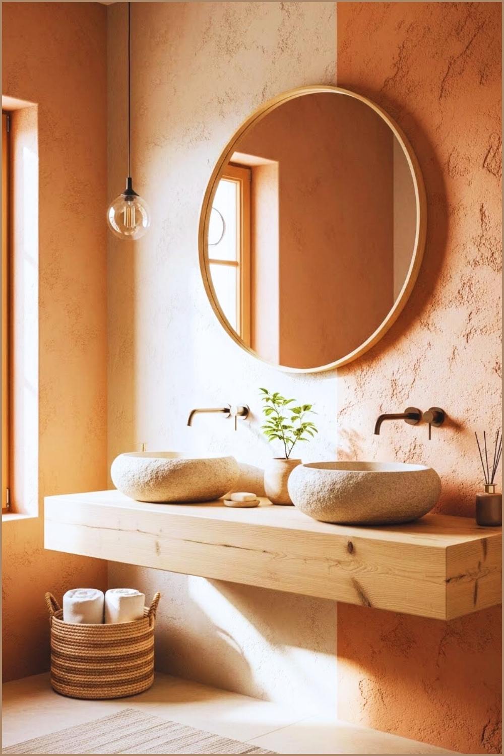 Minimalist Boho Bathroom With Natural Stone Sinks