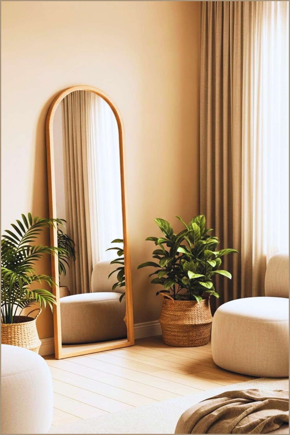 Minimalist Boho Living Room Corner Featuring A Tall Arched