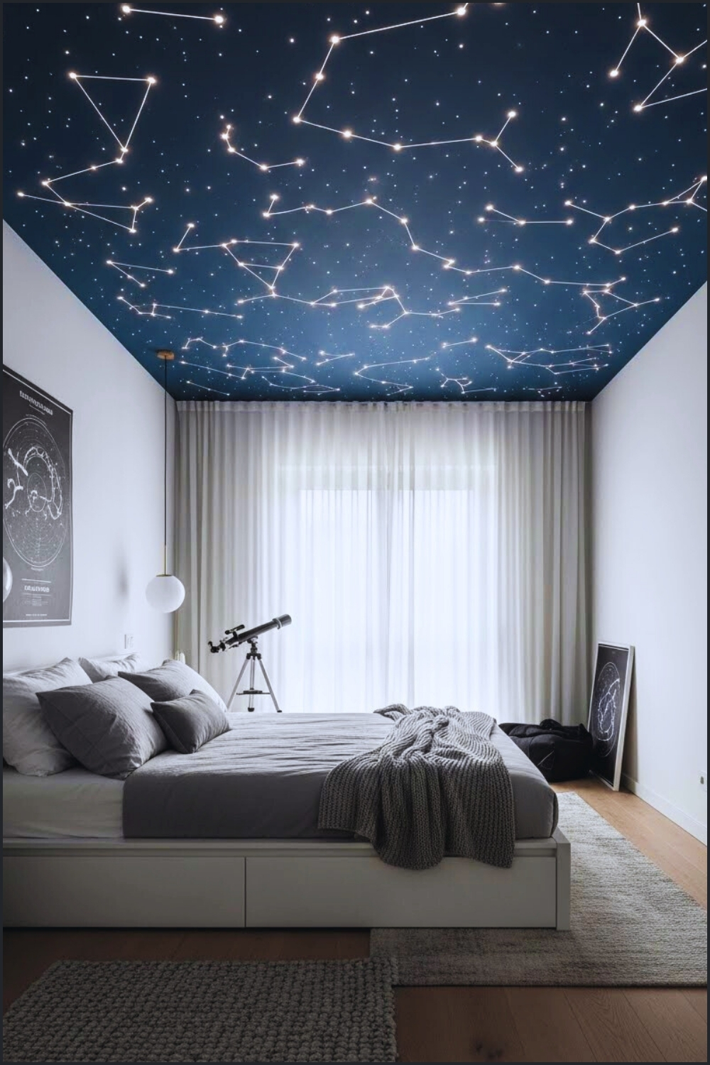 Minimalist Celestial Themed Bedroom Featuring A Dramatic