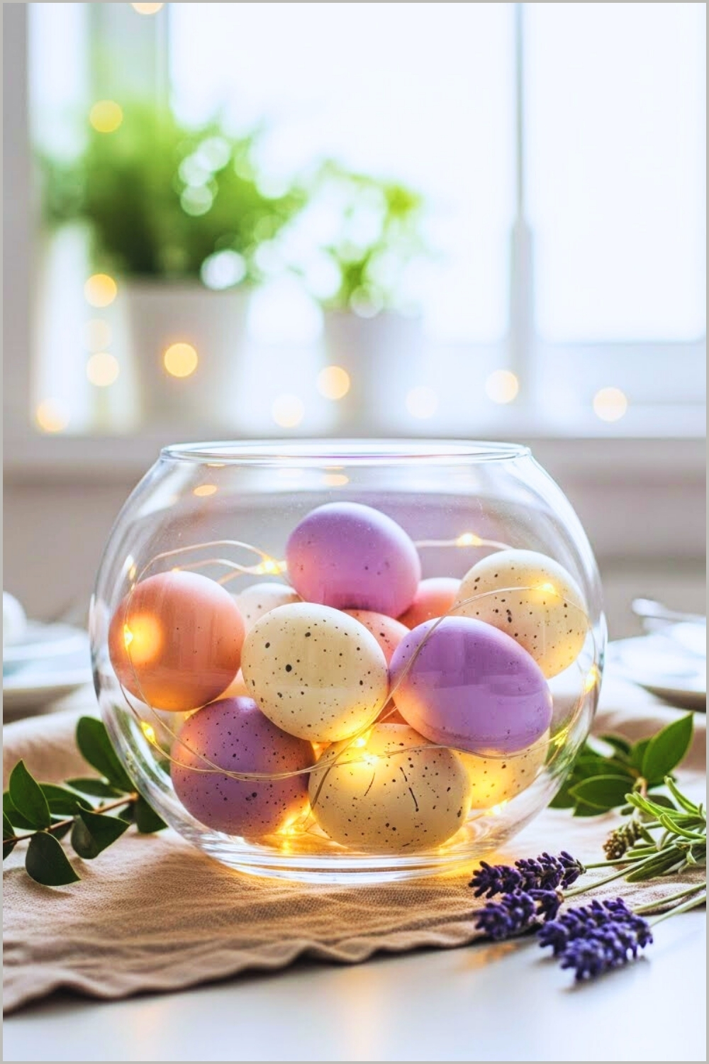 Minimalist Easter Centerpiece Clear Glass Bowl Filled With Pastel Easter Eggs