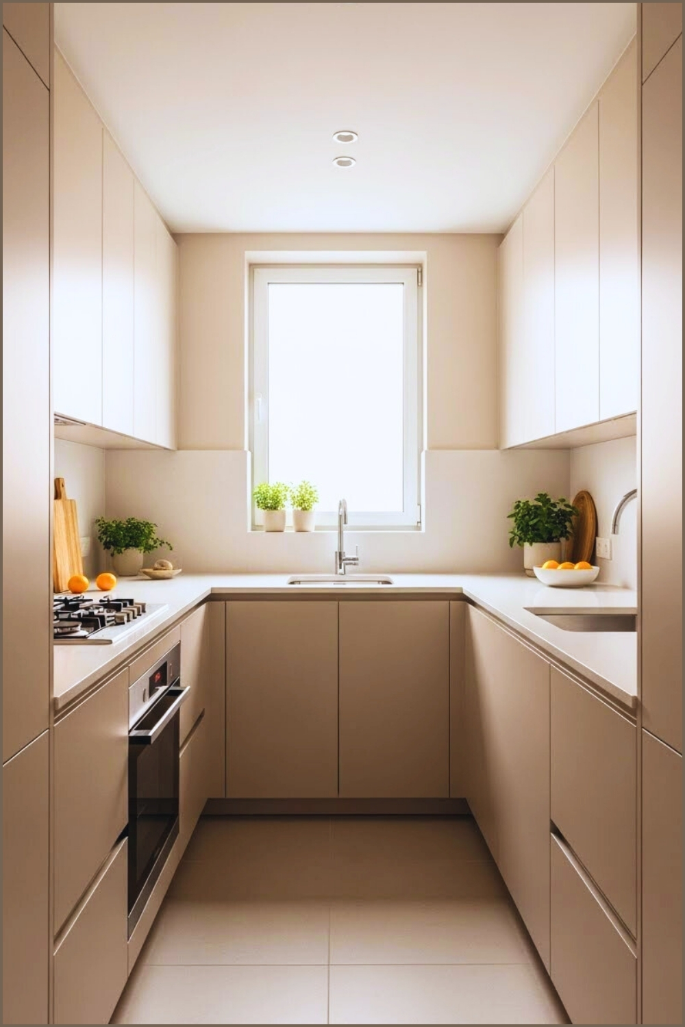 Minimalist Galley Kitchen Interior Soft Beige And Off White