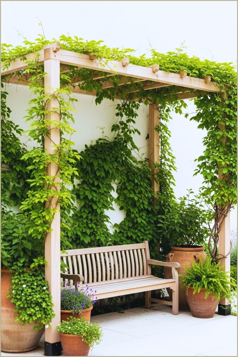 Minimalist Garden Pergola Covered In Lush Green