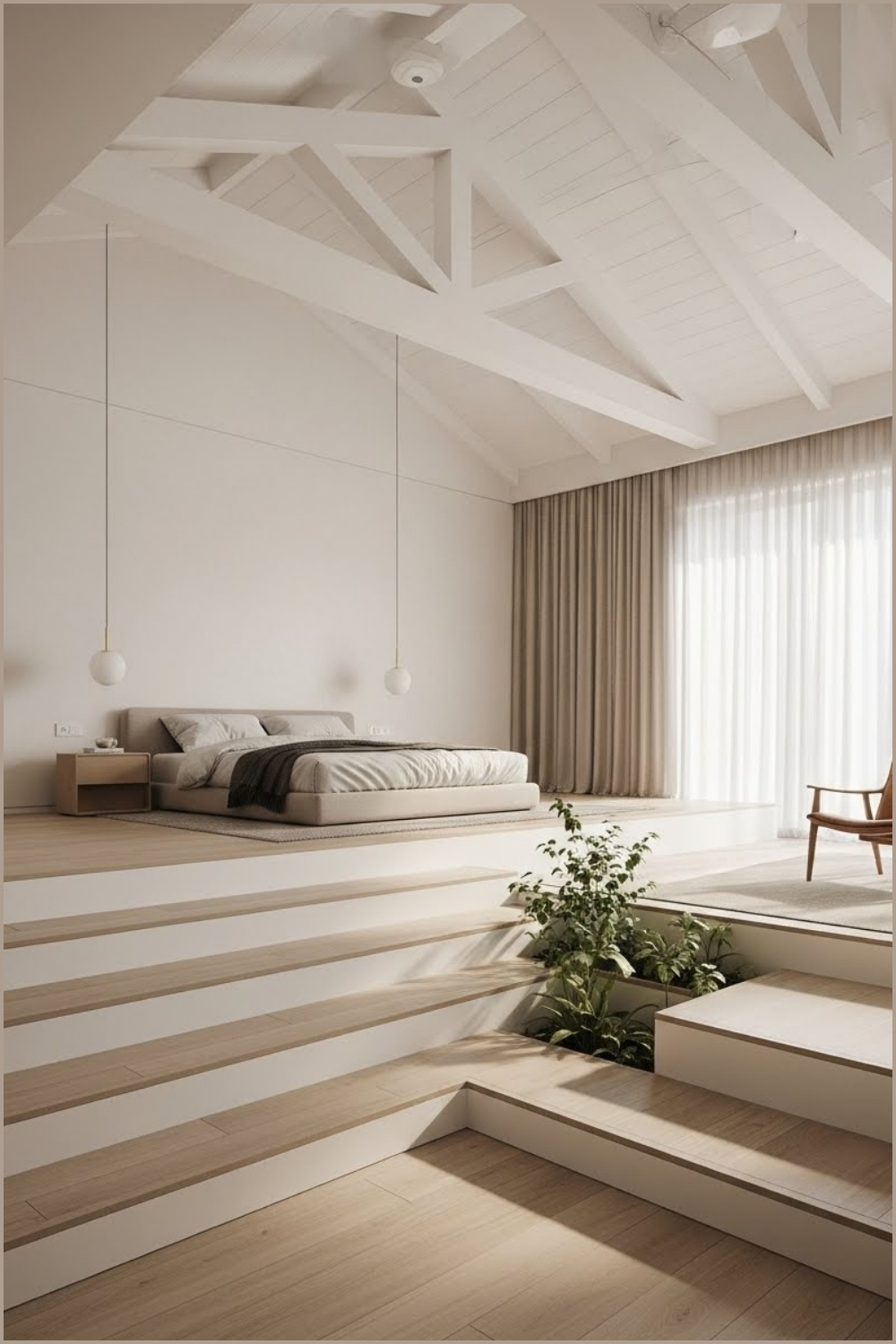 Minimalist High Ceiling Bedroom With Multi Level Flooring
