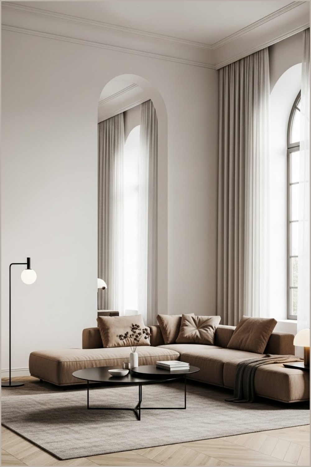 Minimalist High Ceiling Living Room With Soft Neutral Palette