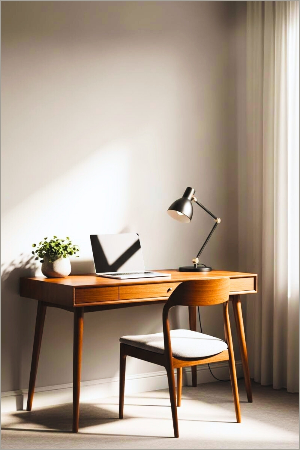 Minimalist Home Office Corner, Wooden Desk With Laptop
