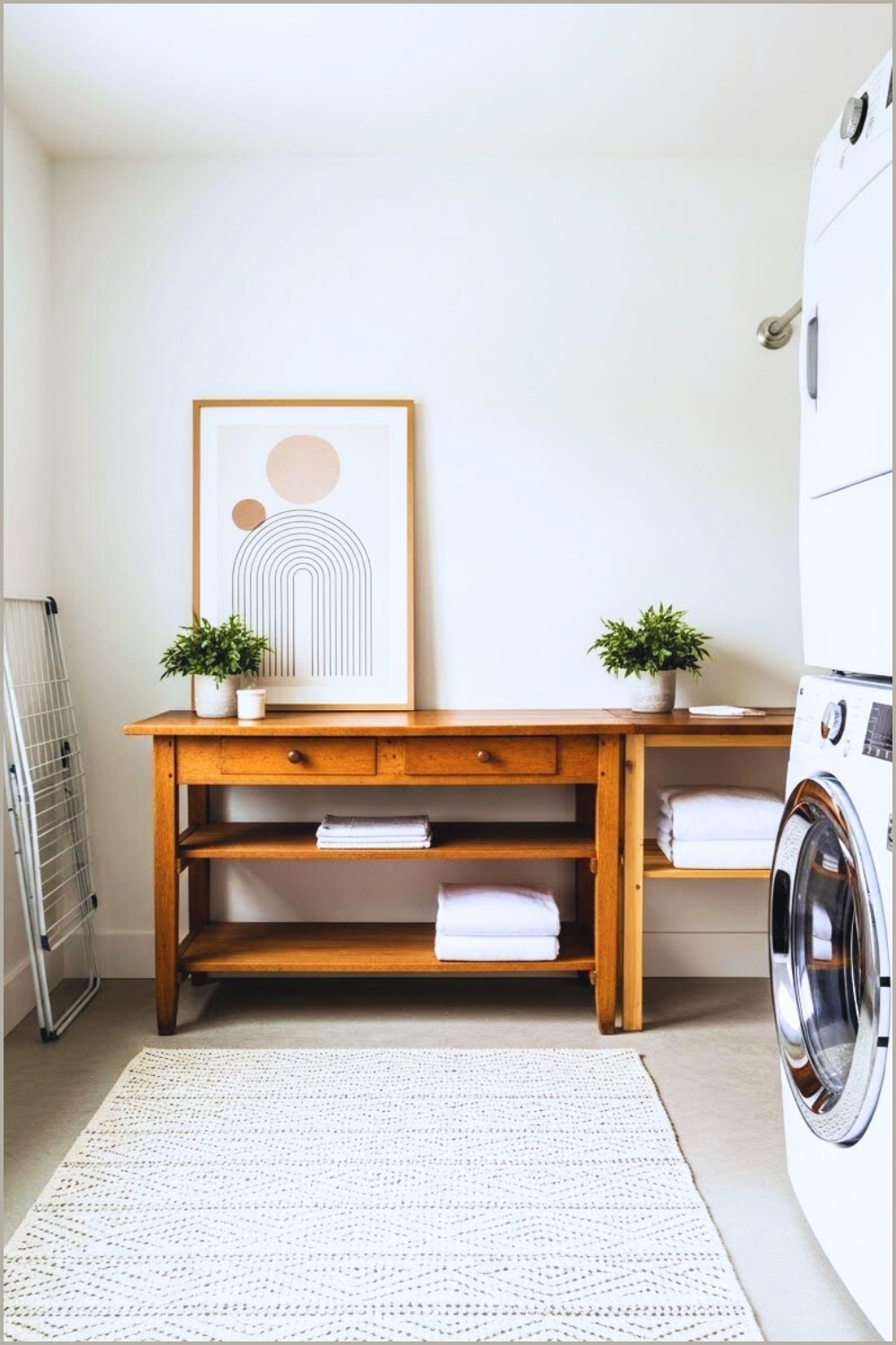 Minimalist Laundry Room With Stacked Front Load Washer