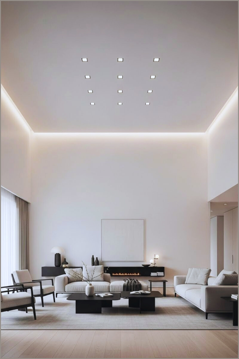 Minimalist Luxury Living Room With An Expansive High Ceiling