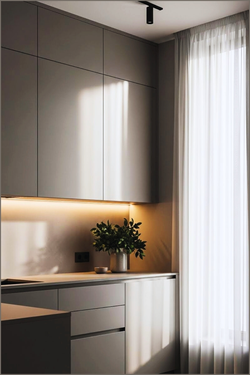 Minimalist Matte Grey Kitchen, Seamless Cabinet Panels