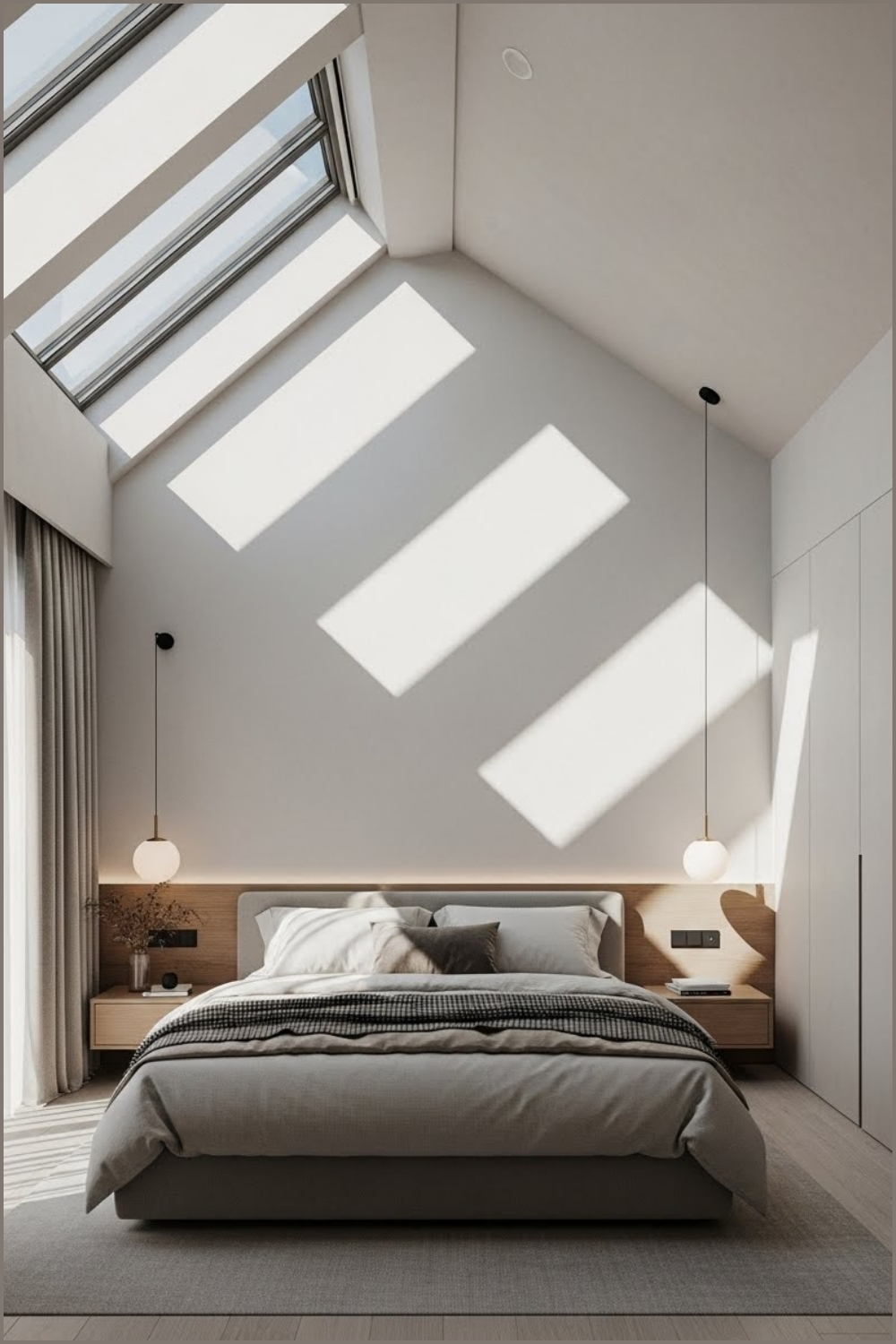 Minimalist Modern Bedroom With A Vaulted Ceiling Featuring
