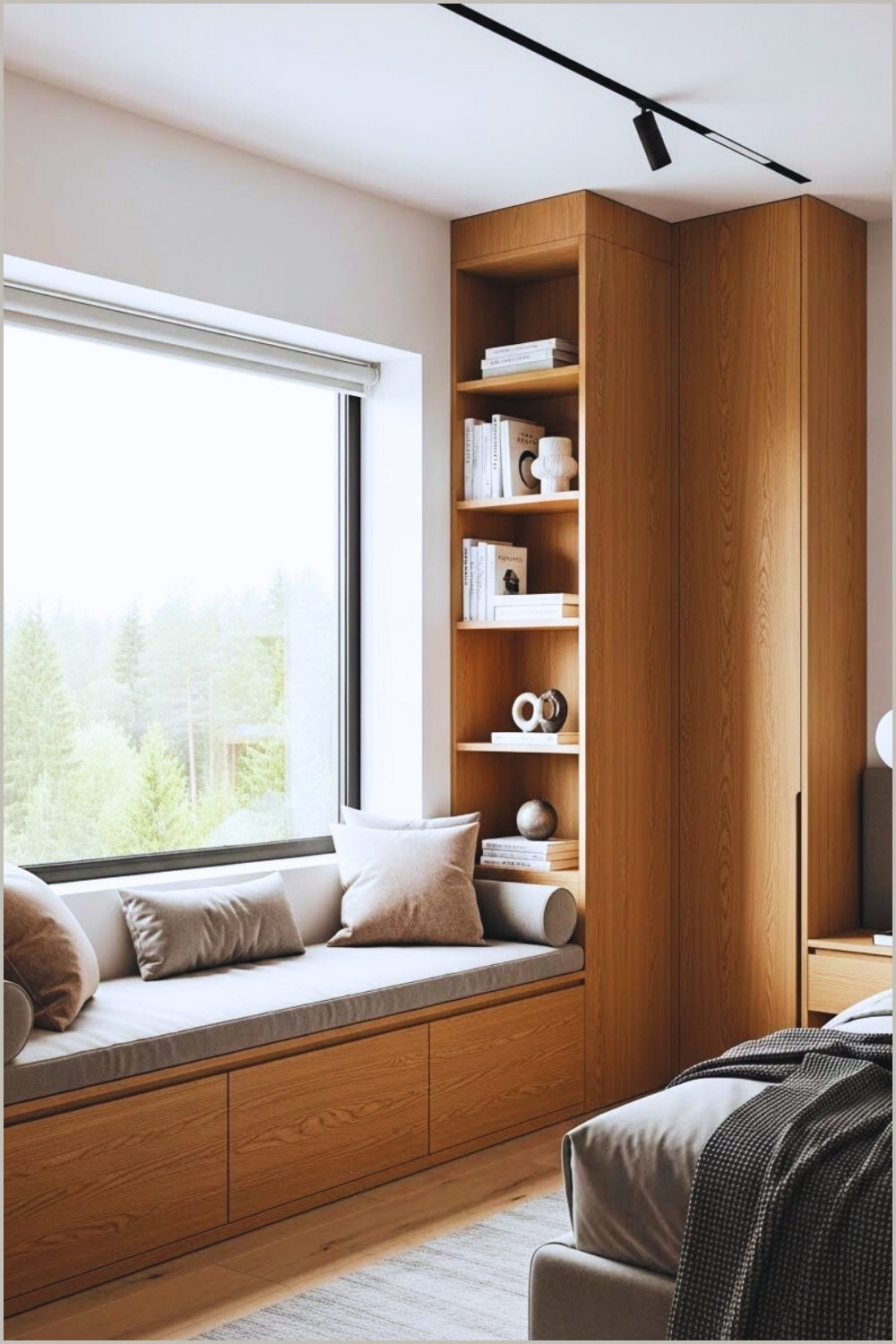 Minimalist Modern Bedroom With Built In Wood Window
