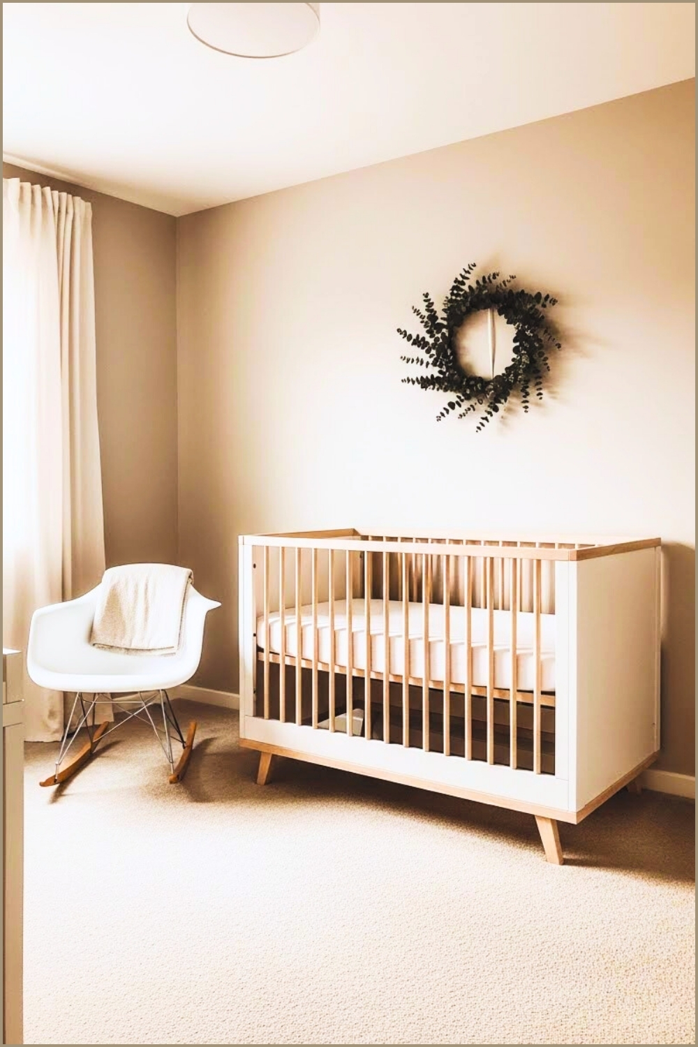 Minimalist Nursery, Neutral Beige Walls, Light Wood Crib