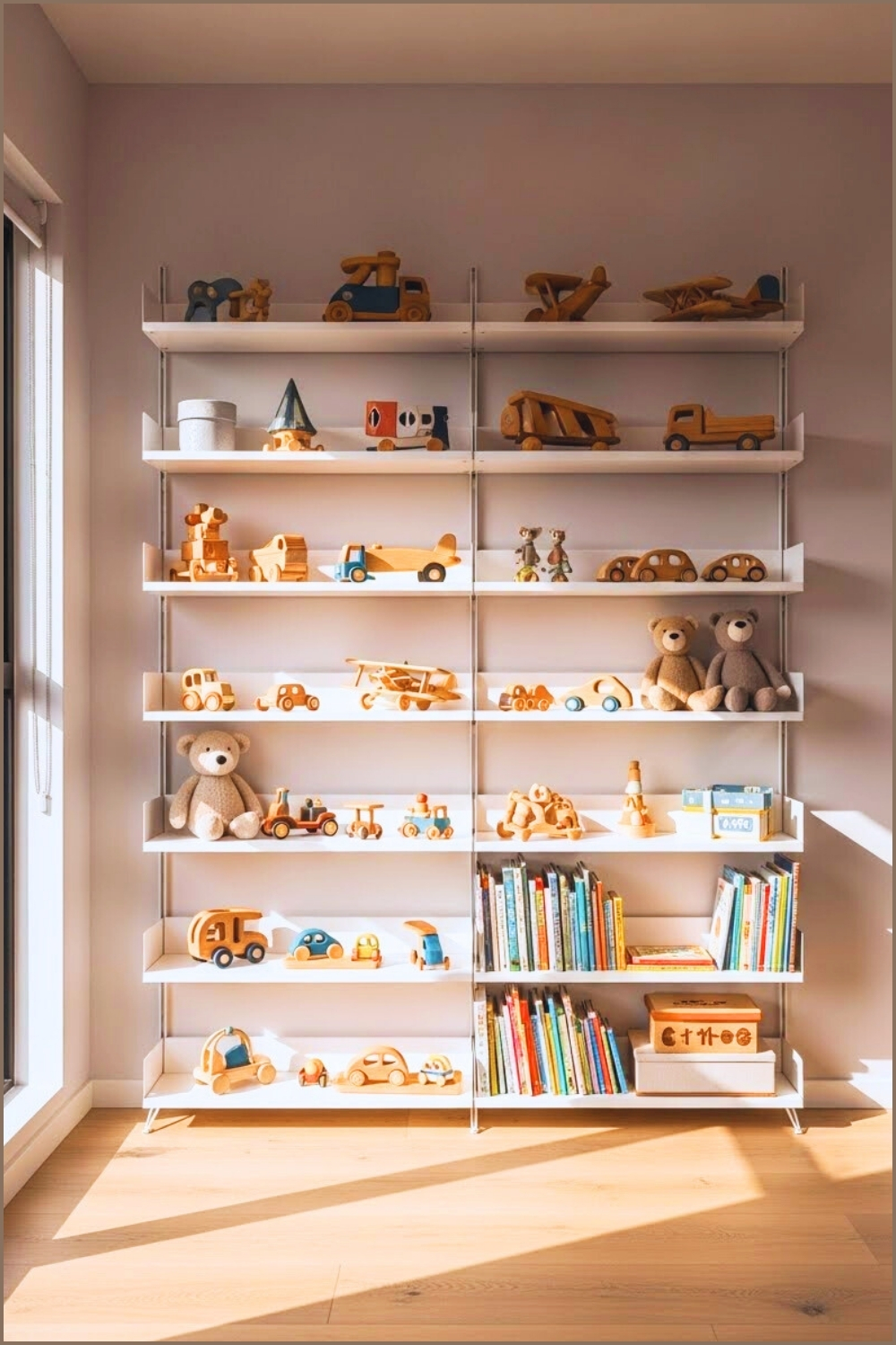 Minimalist Toddler Boy Bedroom With Large White Open Shelving