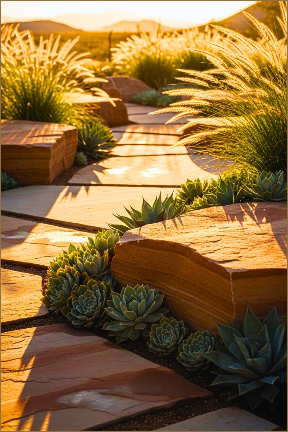 Minimalist Xeriscape Landscape With Large Sandstone Stepping