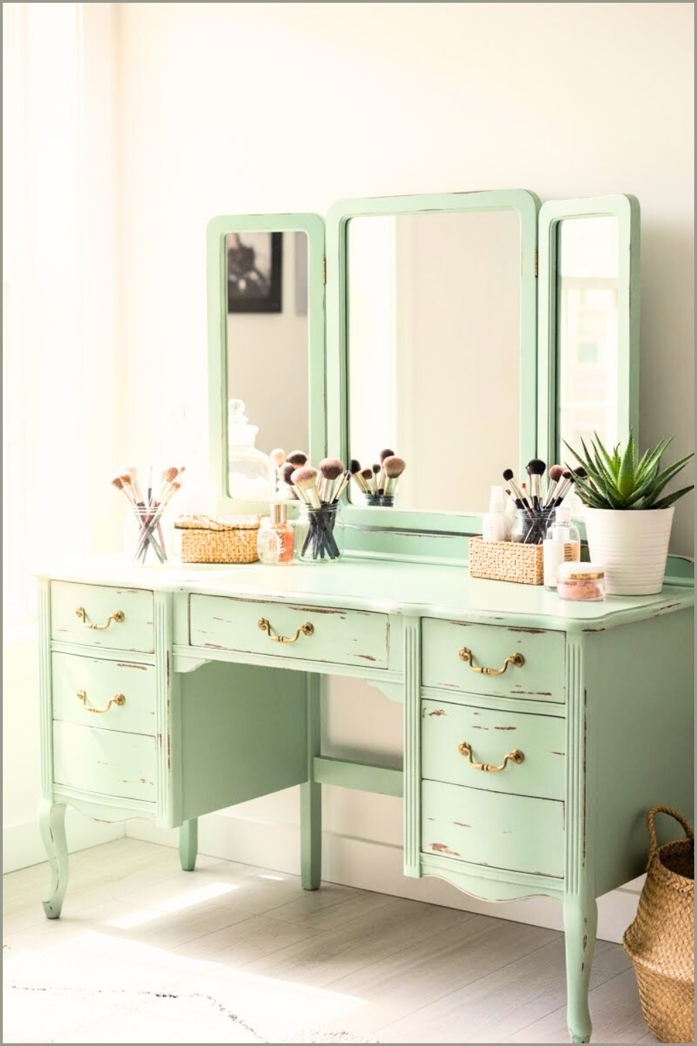 Mint Distressed Vintage Vanity With Triple Mirror Gold Handles