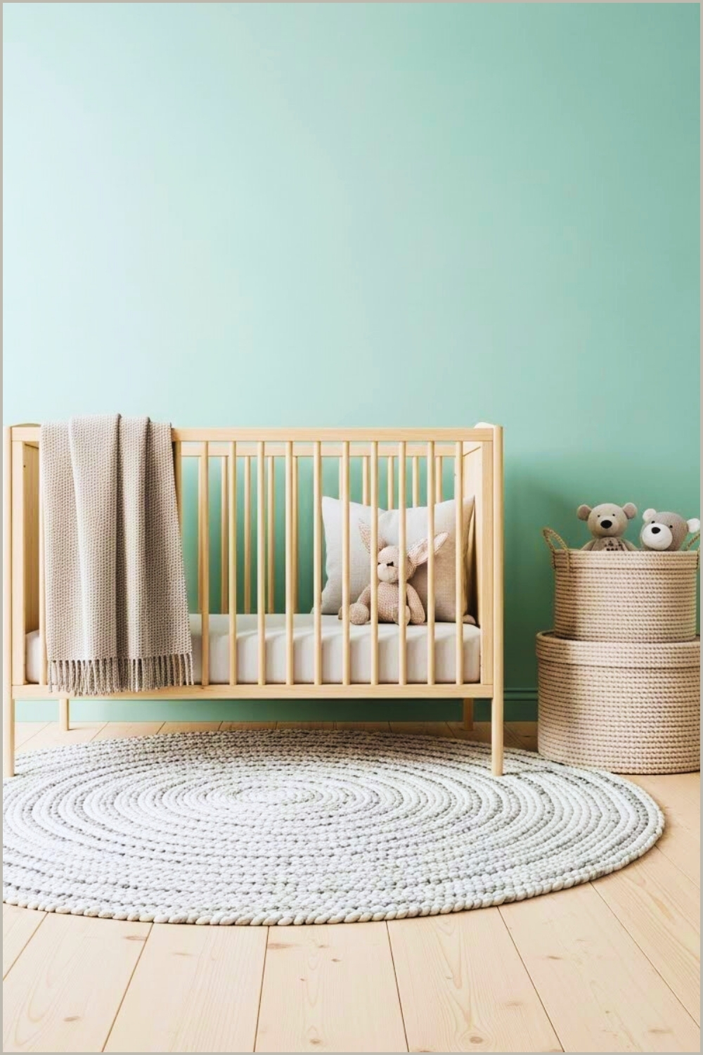 Mint Green Boho Nursery Wall With Wooden Crib